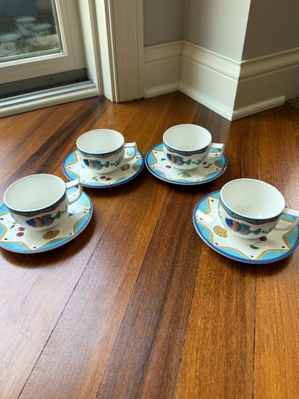 Four (4) Mikasa Fashion Plate Ocean Collage Pattern Cups and Saucers